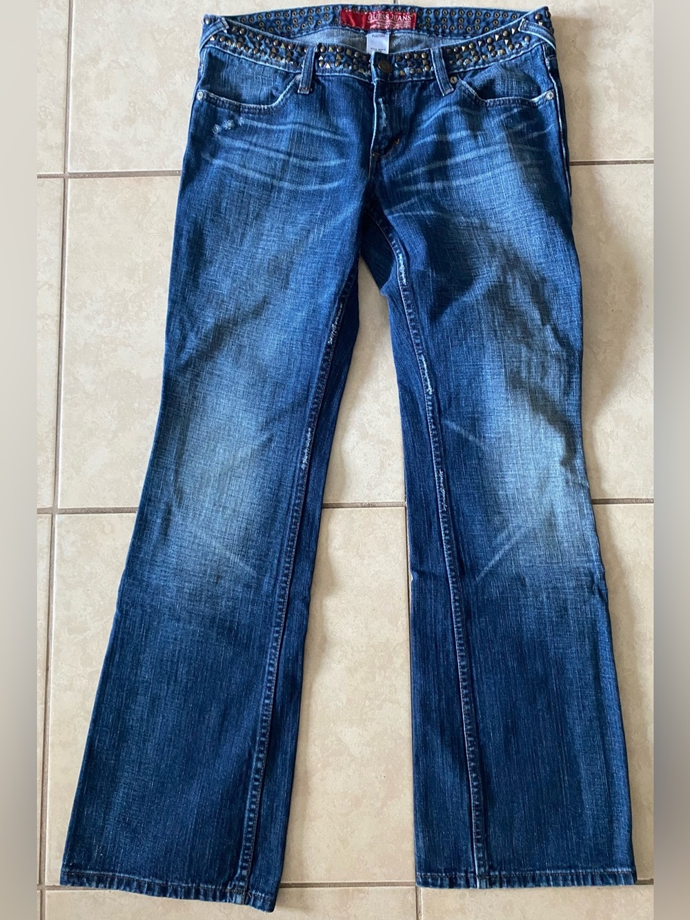 Y2K Guess jeans studded along waistband lightly distressed flared leg 31” waist